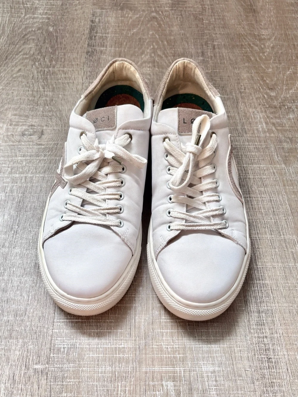 LOCI Origin Nine Vegan Sneakers Womens 9 White Tan Low Top Recycled Walking Shoe